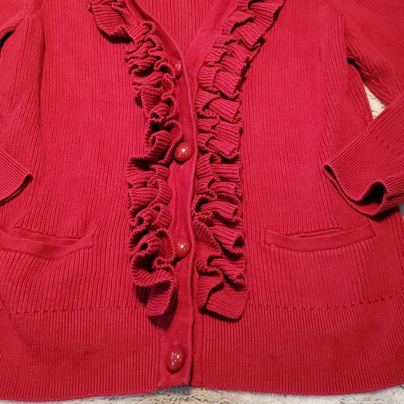 Talbots Petites Red VNeck Ruffle Front Button Up Cardigan Size MP Bust 32 Inches - Picture 2 of 5